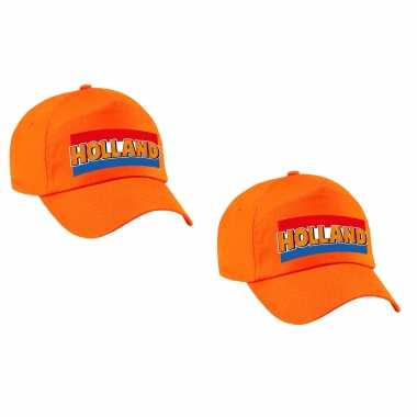 2x stuks holland supporter pet / petje oranje met nederlandse vlag ek / wk voor volwassenen