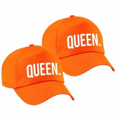 2x stuks queen pet / petje oranje met witte bedrukking voor meisjes