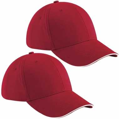 4x stuks 6 panel petje rood/wit voor volwassenen