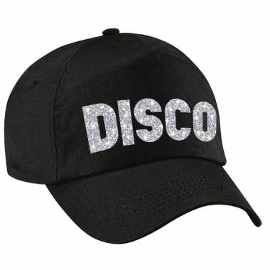 Disco pet /petje zwart met zilver bedrukking volwassenen