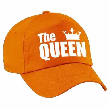 The queen pet / petje oranje met witte letters en kroon dames