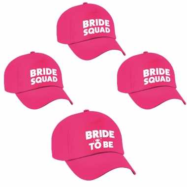 Vrijgezellenfeest dames petjes pakket 1x bride to be roze + 7x bride squad roze