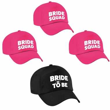 Vrijgezellenfeest dames petjes pakket 1x bride to be zwart + 9x bride squad roze
