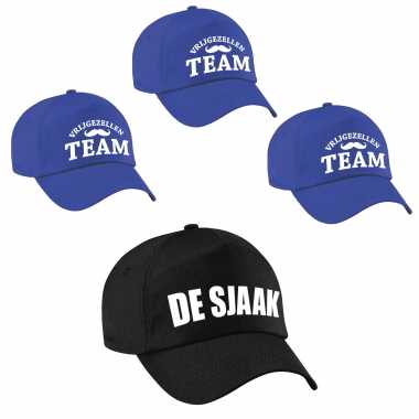 Vrijgezellenfeest heren petjes pakket 1x de sjaak zwart + 9x vrijgezellen team blauw